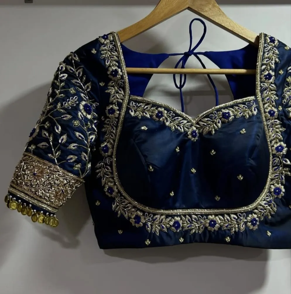 Elegant Dark Blue Bridal Maggam Aari Work Blouse Budget Friendly Wedding Wear Online