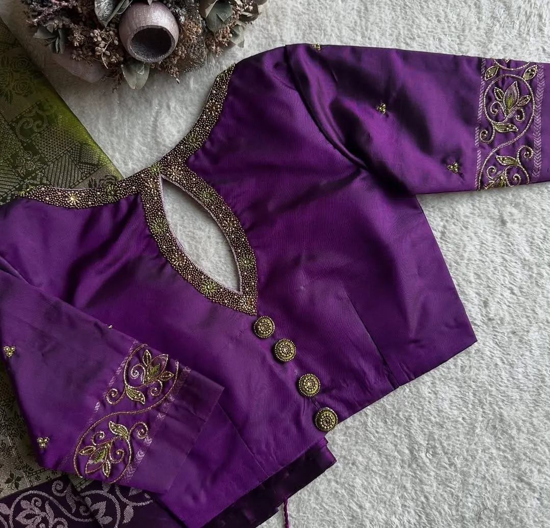 Elegant Purple High Neck Blouse with Maggam Work  Designer Motifs  Affordable Online Shopping