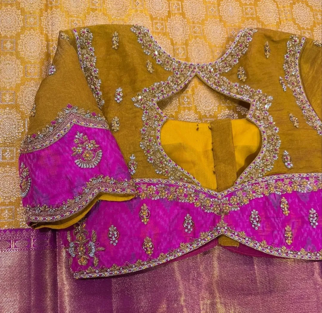 Exclusive Aliya Cut Maggam Aari Work Blouse  Mustard Yellow & Pink Designer Party Wear  Buy Online