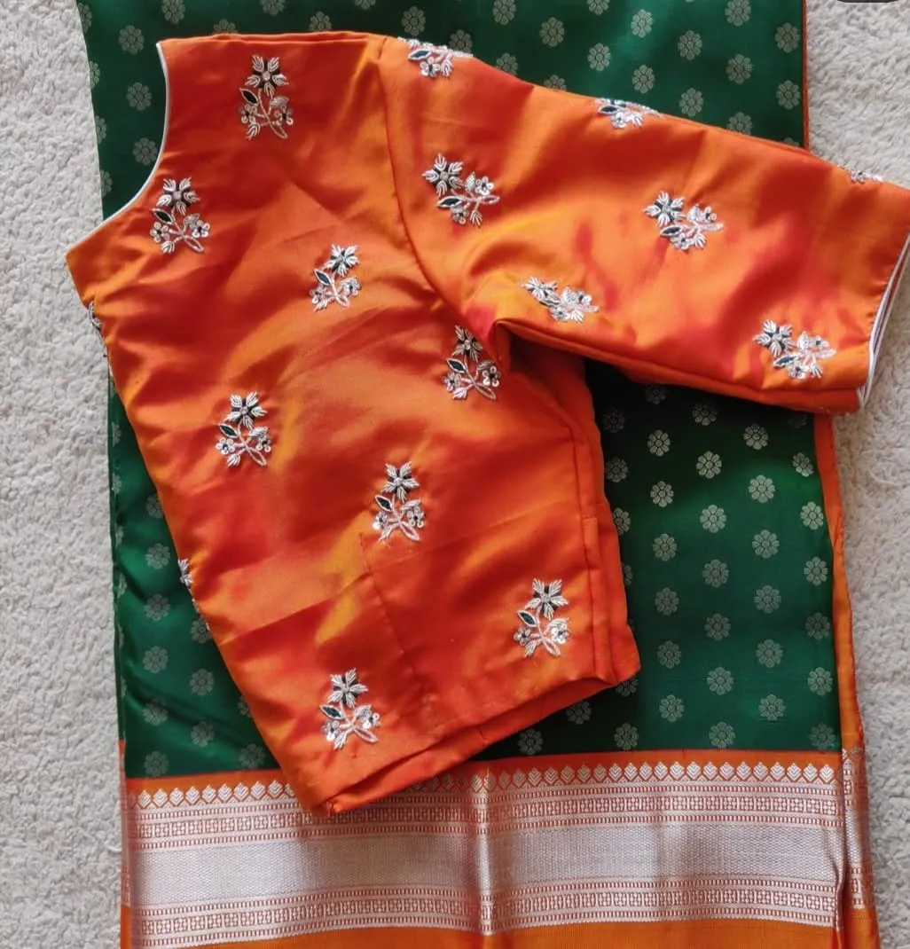 Exclusive Orange Silver Handcrafted Maggam Blouse  Designer Bridal Edition