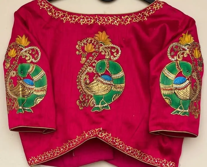 Exclusive Red Peacock Blouse with Original Tanjore Art  Maggam Detailing  Affordable Luxury