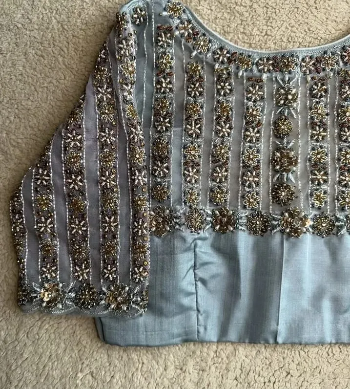 Exquisite Grey Maggam Work Blouse on Net Fabric  Designer  Budget Friendly