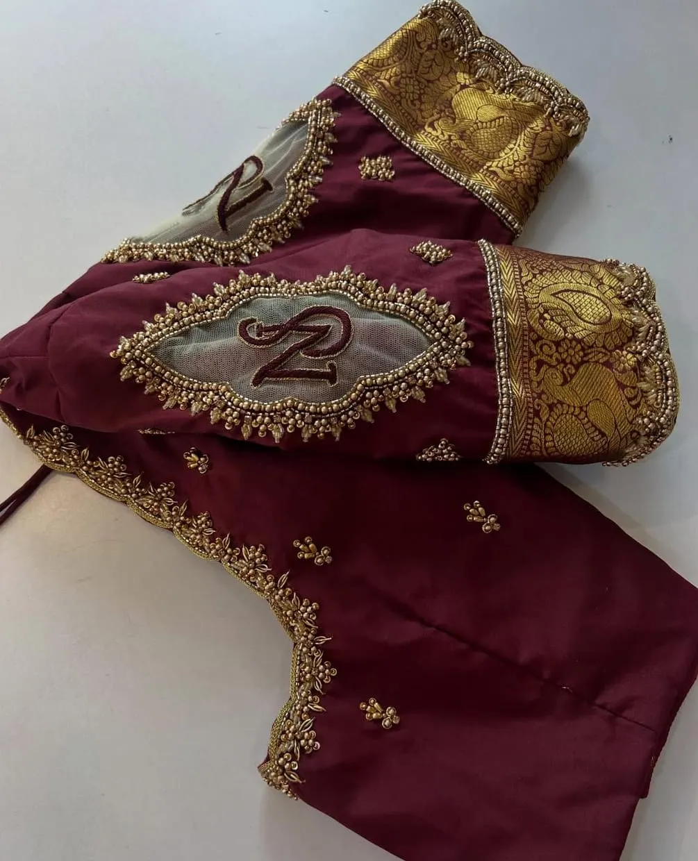 Exquisite Maroon Bridal Maggam Work Blouse with Personalized Initials Perfect Wedding Elegance