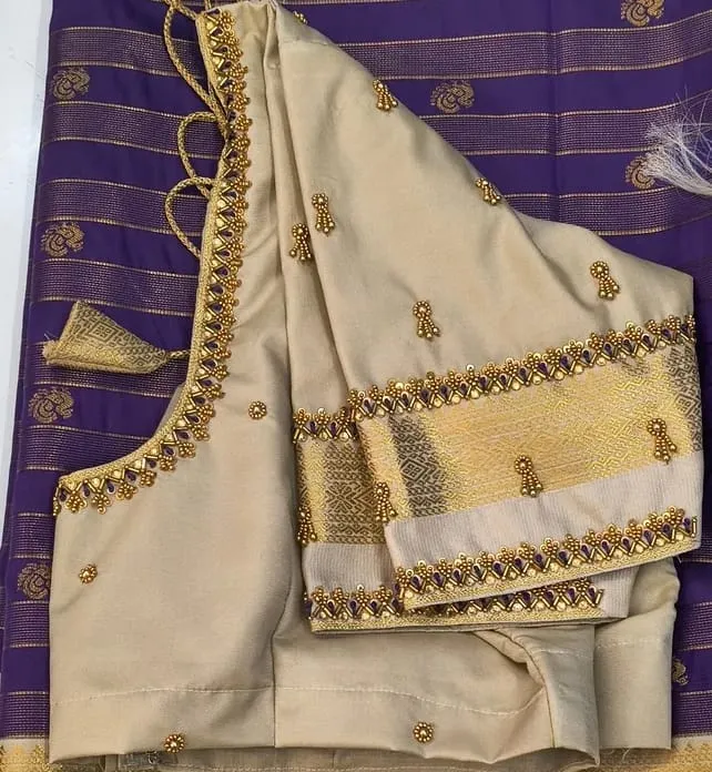 Exquisite Simple Maggam Work Blouse in Cream Silk  Perfect for Bridal Festive Wear