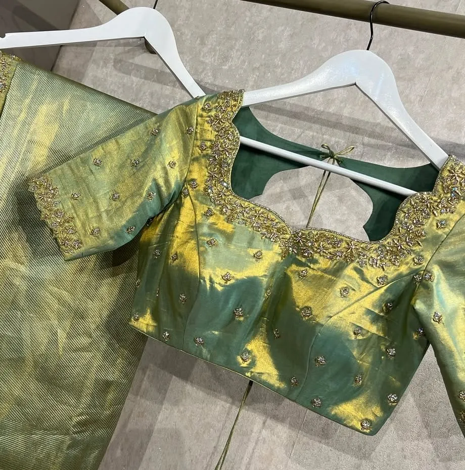 Exquisite Tissue Pastel Green Maggam Work Wedding Blouse  Perfect Bridal Elegance