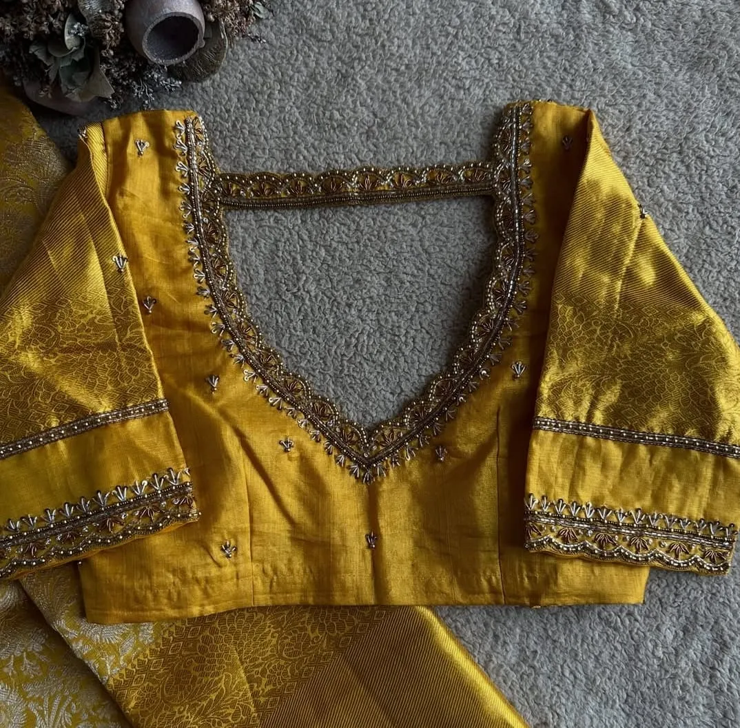 Golden Yellow Maggam Work Blouse Design  Bridal  Wedding Handcrafted Aari Zardosi Blouse