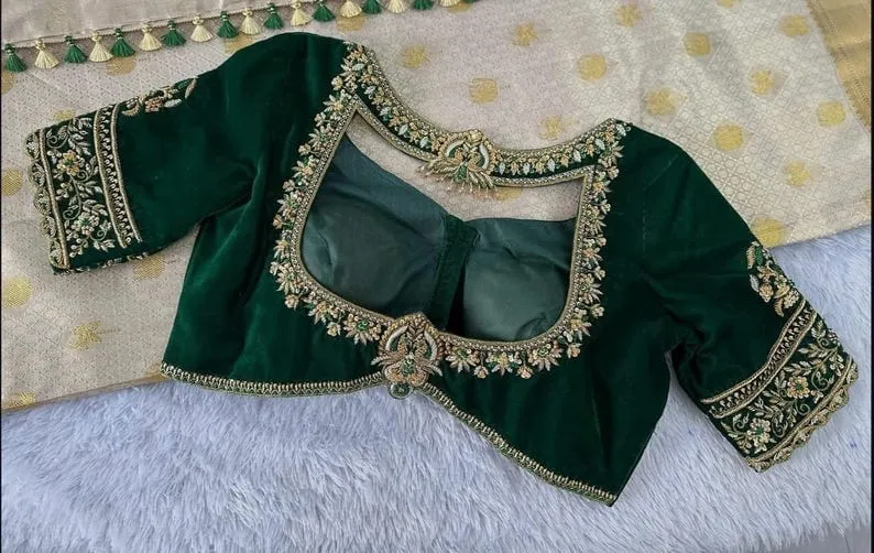 Green Velvet Heavy Maggam Work Blouse Zardosi Embroidery Festive  Bridal Wear