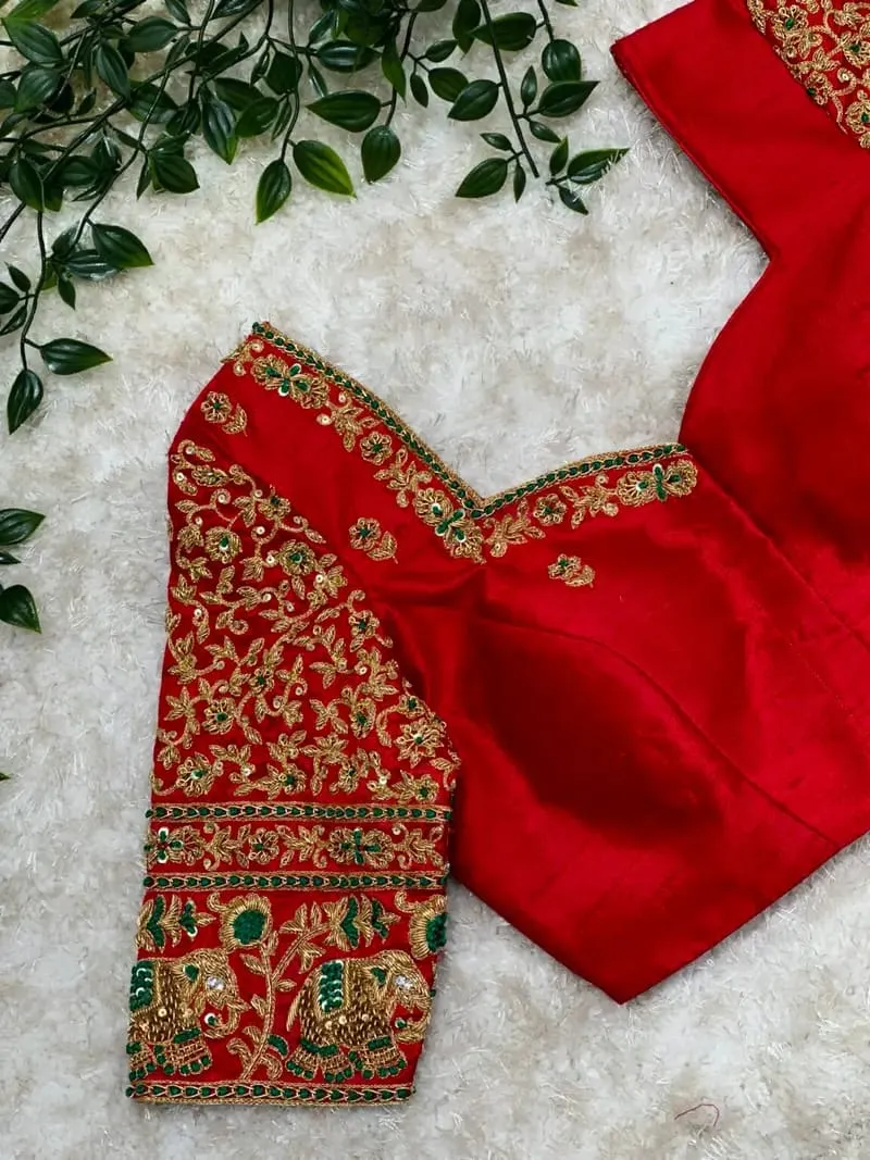 Heavy Red Zardosi Maggam Work Bridal Blouse  Elephant Embroidery for Weddings