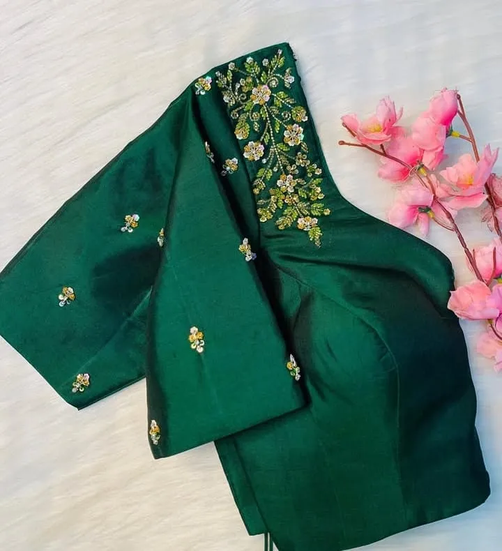 Latest Bottle Green Shoulder Design Blouse  Premium Gold Maggam Work at Best Price - Xl