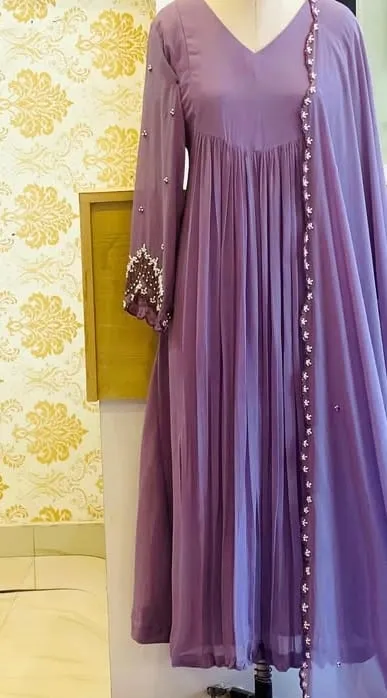 Lavender FullSleeves Maggam Work Long Frock  Customised Party Wear Under Budget