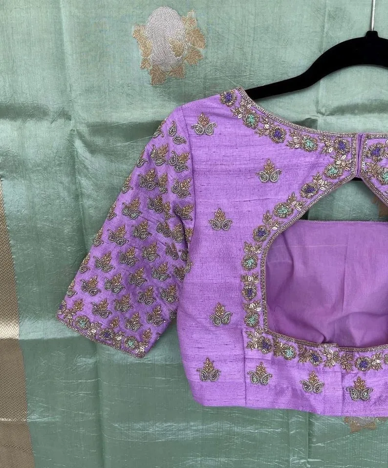 Lilac Raw Silk Zardosi Blouse for Weddings  Festive Occasions  Handcrafted Maggam Work