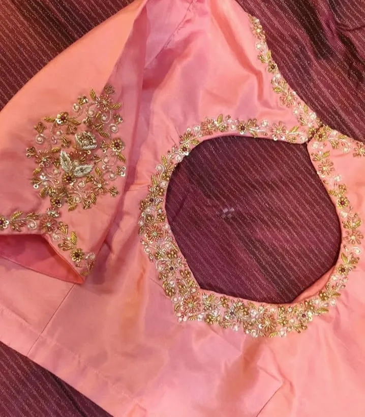 Luxury Peach Pot Neck Blouse  Handcrafted Maggam Work Shop Now