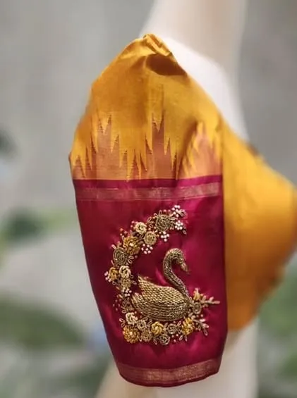Mustard Yellow Handcrafted Maggam Blouse  Peacock Design  Budget Friendly