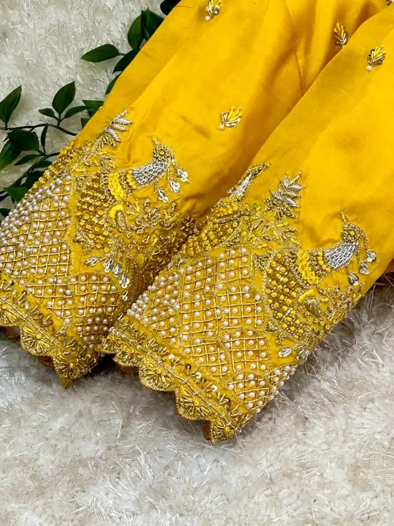 Mustard Yellow Zardosi Blouse  Grand Maggam Work for Bridal  Party Wear