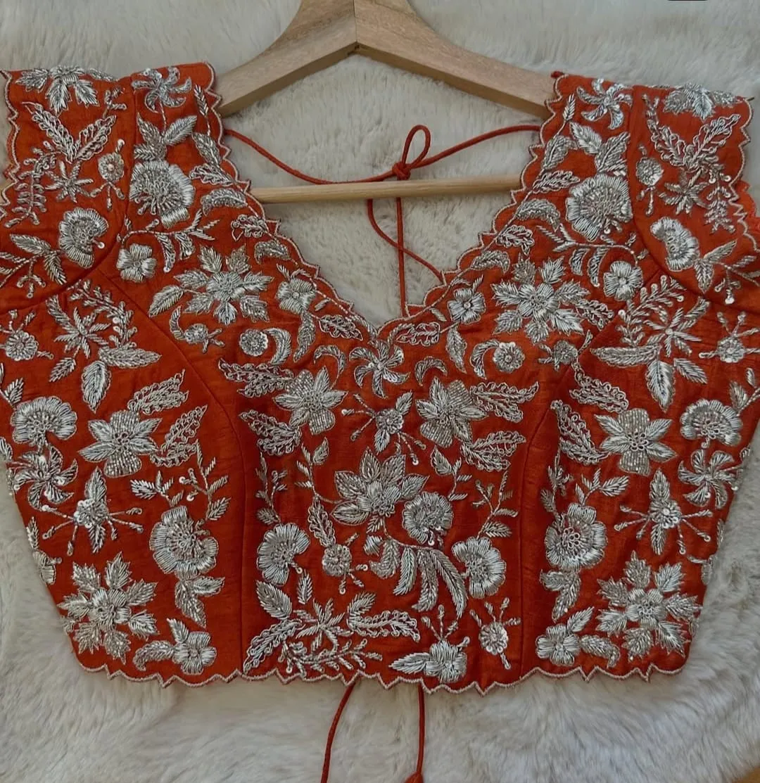 Orange Bridal Grand Cutwork Maggam Work Blouse  Heavy Wedding Designer Collection