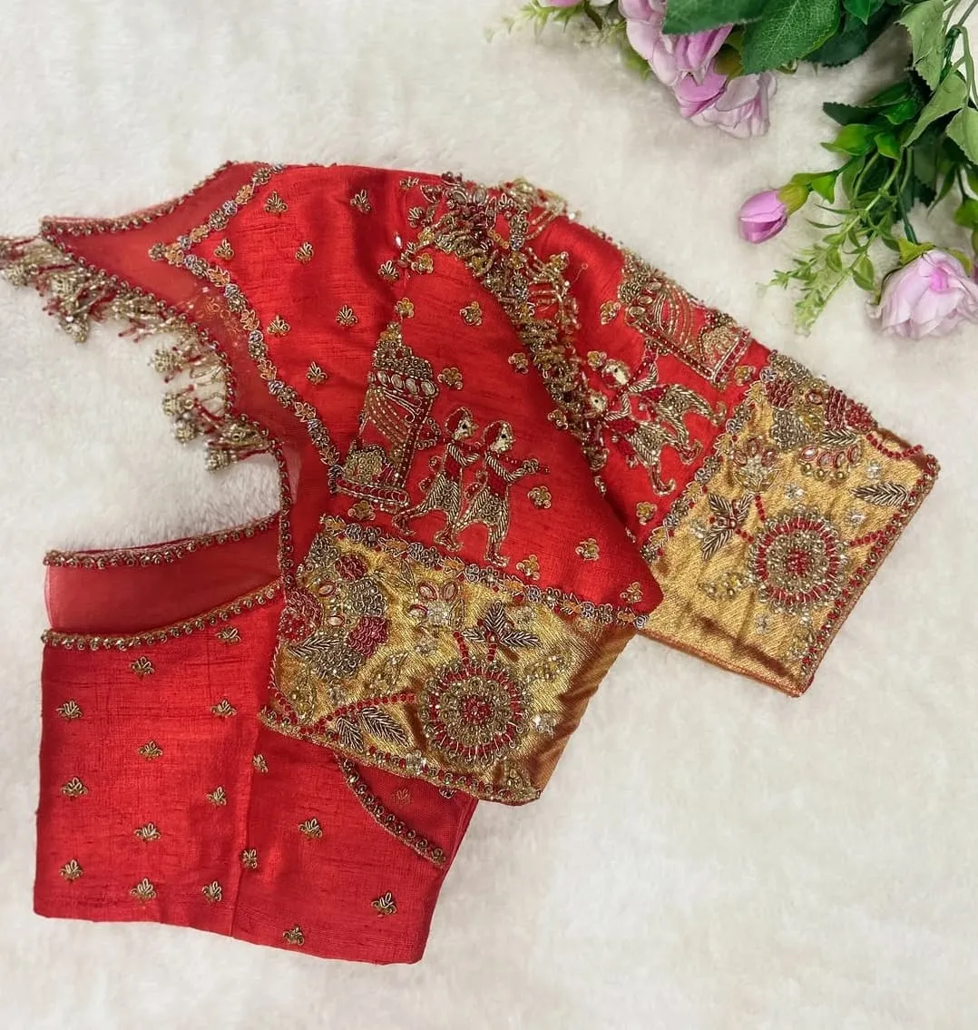 Orange Palki Design Maggam Work Blouse Bridal Handcrafted Aari Zardosi Blouse