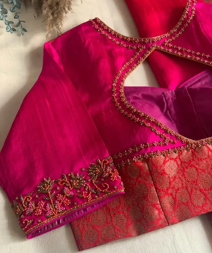 Pink High Neck Maggam Work Blouse  Premium Bridal Design for Luxe Occasions