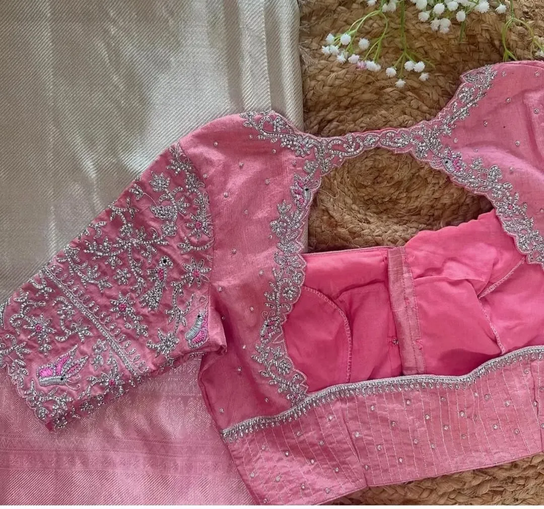 Pink Raw Silk Heavy Maggam Work Blouse  Bridal Designer Handcrafted Aari  Zardosi