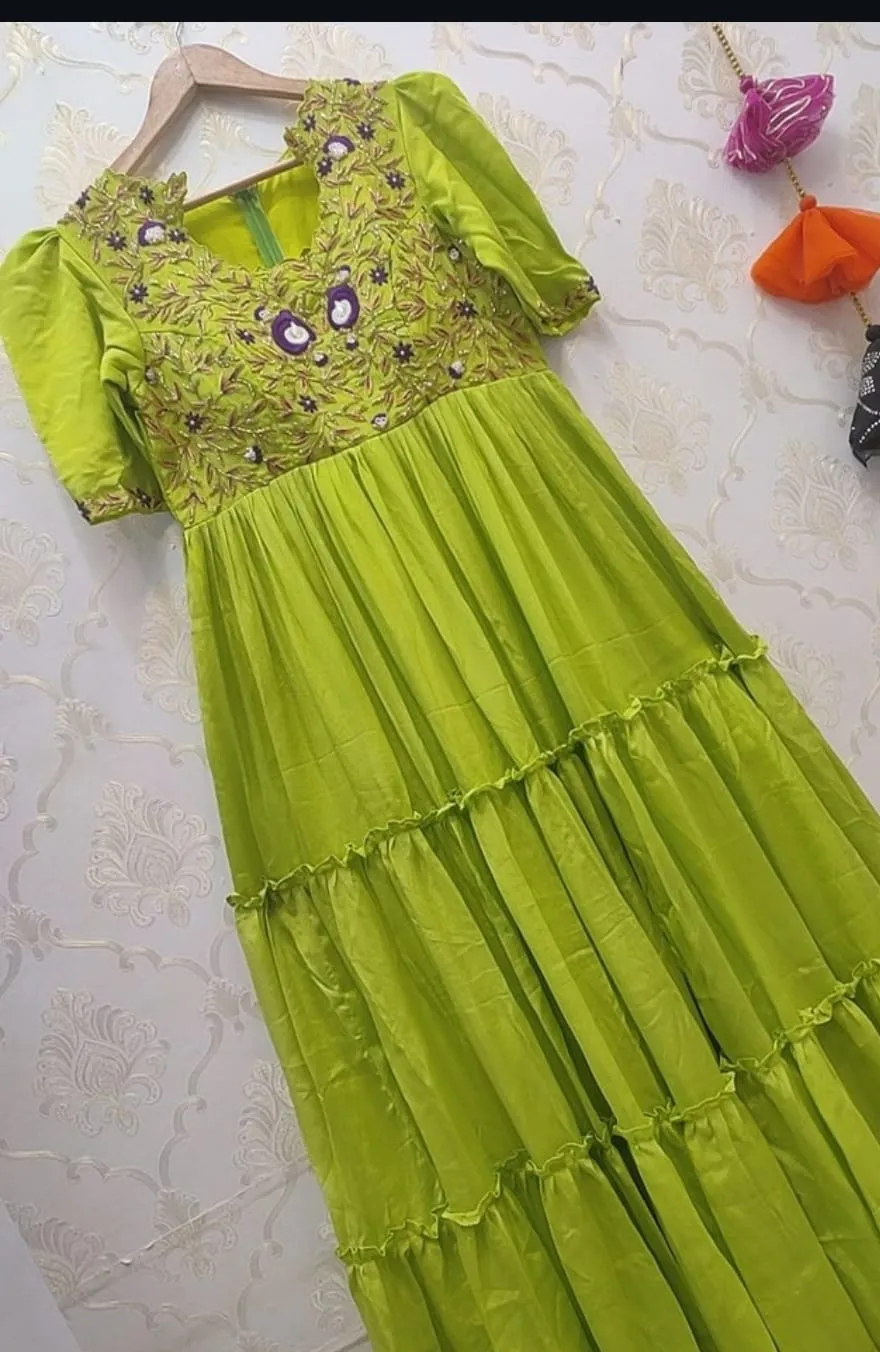 Pista Green Designer Long Frock with Maggam Aari Work  Customised  Affordable Online