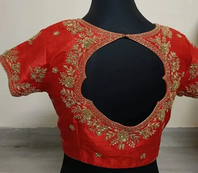 Premium Orange Bridal Boat Neck Maggam Work Blouse  Heavy Wedding Hand Embroidery