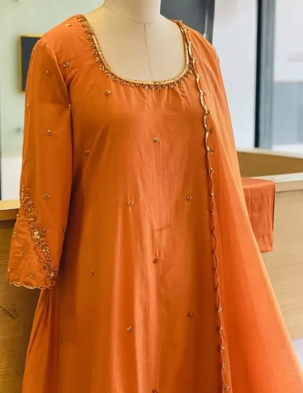 Premium Orange Full Sleeve Maggam Work Anarkali Suit  HighFashion Statement Wear