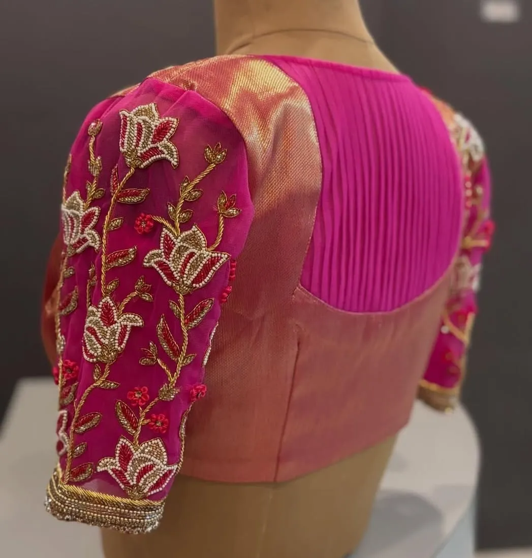 Premium Pink  Gold Net Maggam Work Blouse  Heavy Bridal Handcrafted Design