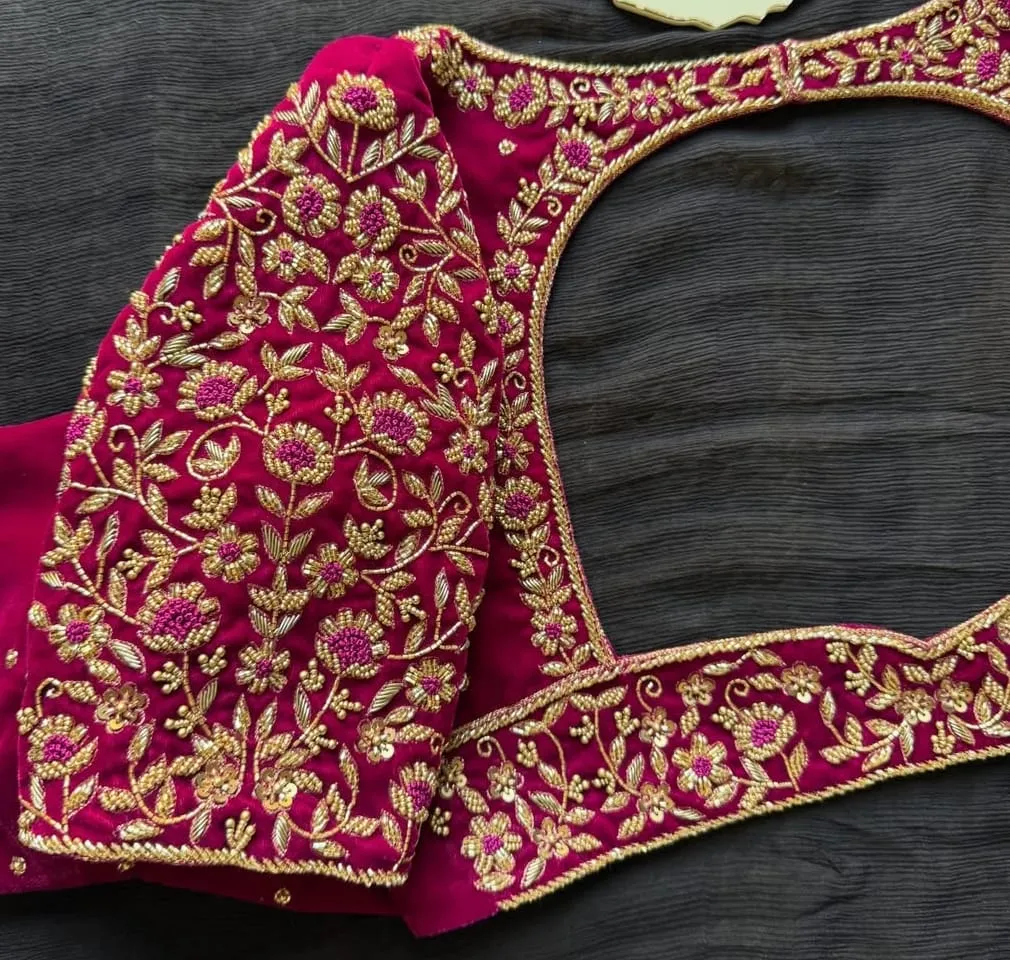 Rani Pink Maggam work Aari Work Handmade Blouse Aariwork Zardosi Blouse Boat neck