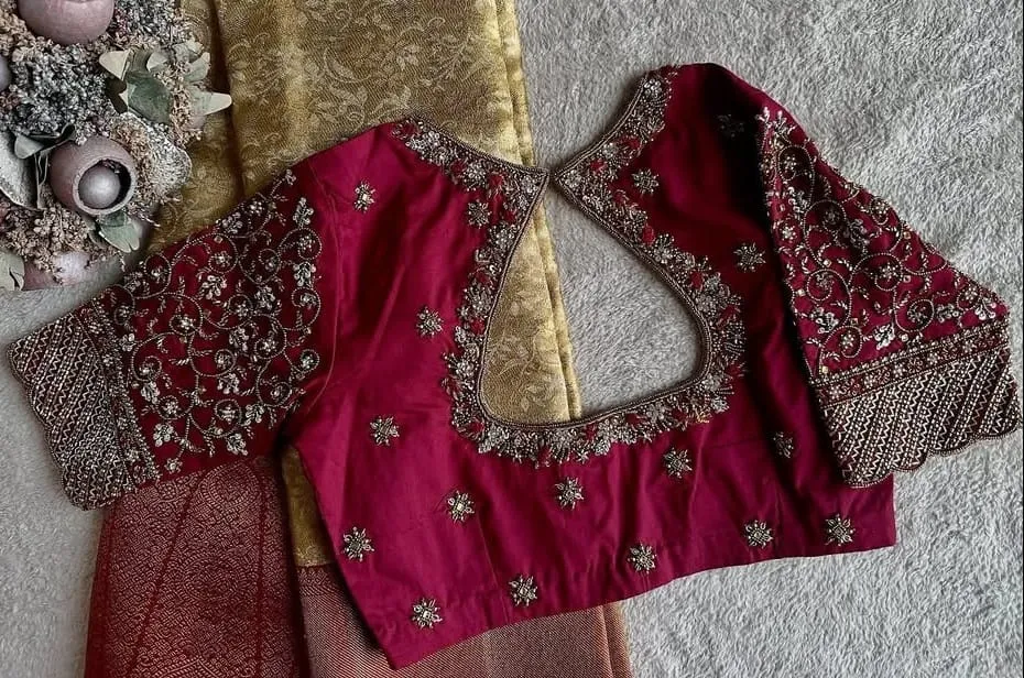Reddish Maroon Bridal Blouse Design Zardosi Maggam Hand Work