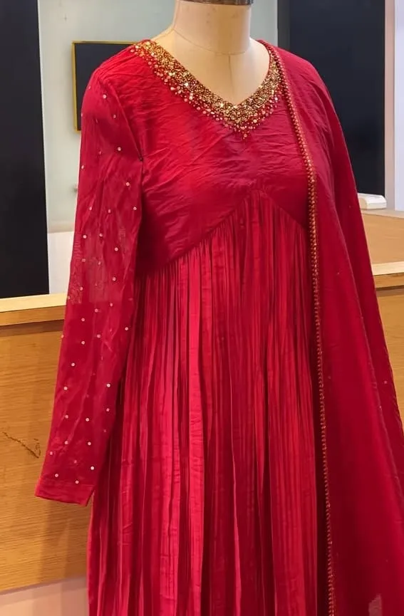 Reddish Pink Maggam Work Long Anarkali Suit  FullSleeves Party Wear at a Budget Price