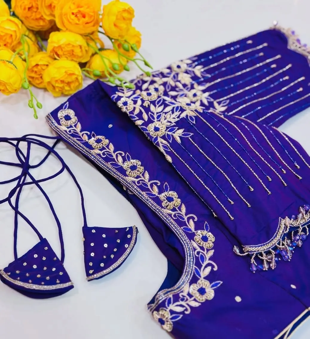 Royal Blue Designer Maggam Work Blouse with Gold  Silver Zardosi Bridal Luxury Edition