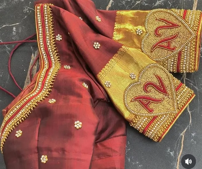 Royal Brick Red Wedding Maggam Work Blouse Heavy Zardosi Craftsmanship with Name Initials