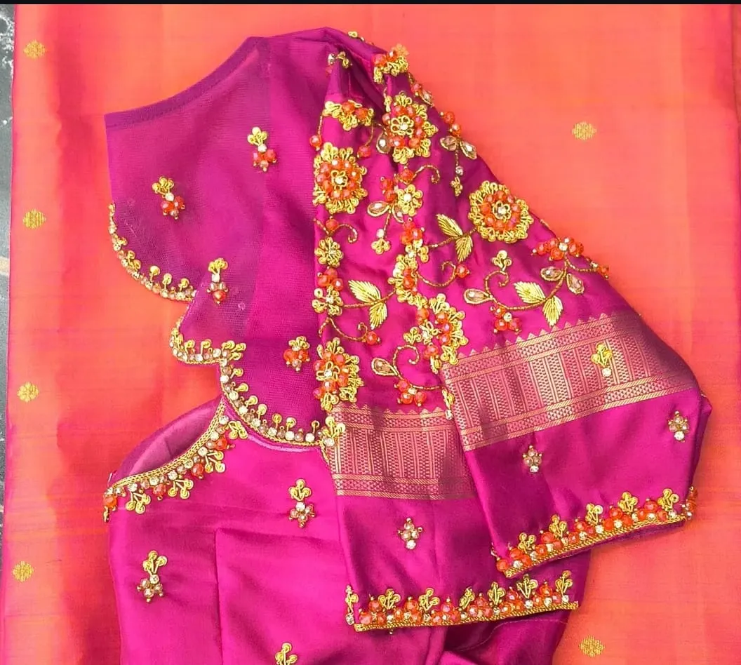 Royal Rani Pink Bridal Blouse with Cutwork Maggam Embroidery Designer Collection