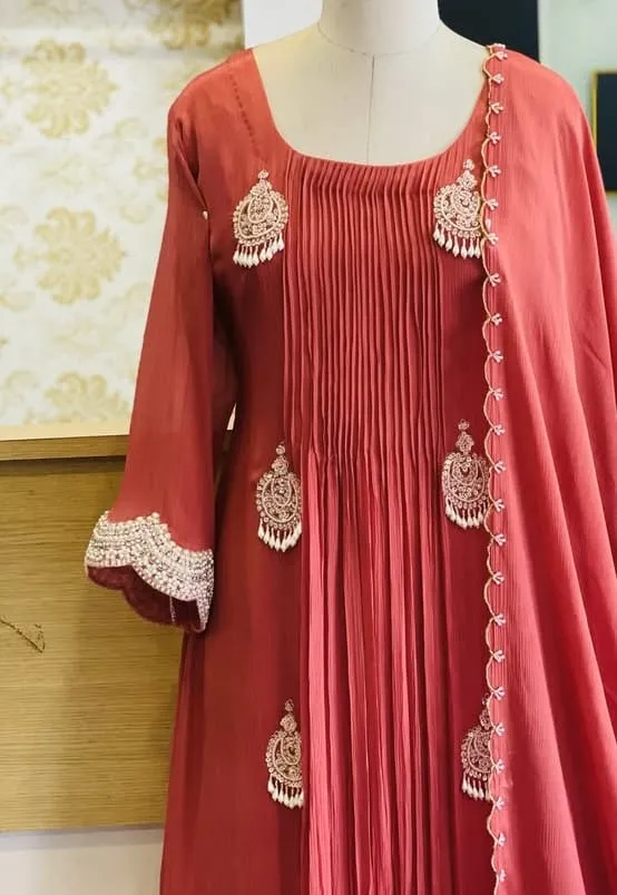 Rust Orange Maggam Work Anarkali Suit  Luxury FullSleeves Style for Grand Events