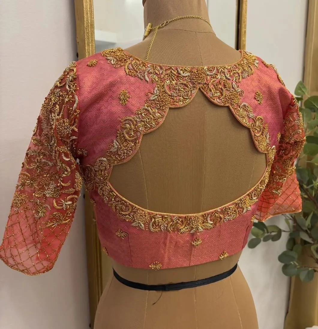 Shop Orange Raw Silk Net Bridal Blouse Online  Budget Maggam Aari Work Design