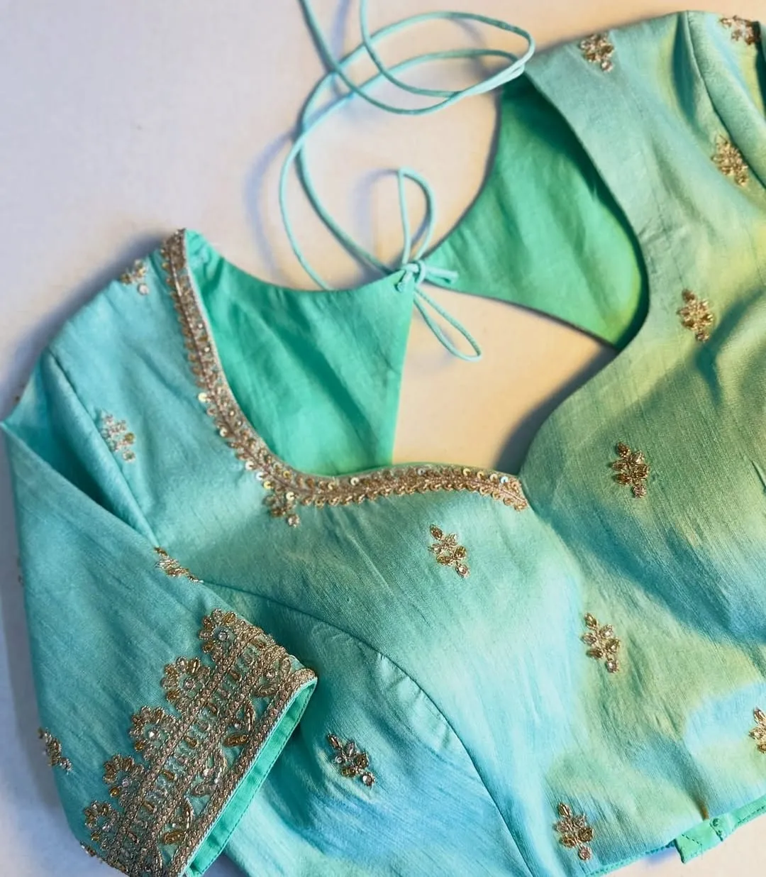Sky Blue Raw Silk Maggam Work Blouse  Elegant Handmade Designer Blouse