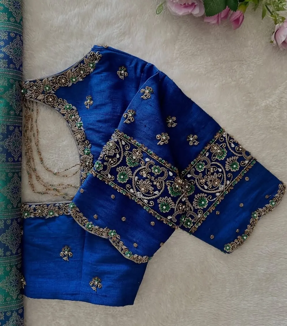 Stunning Blue Bridal Saree  Designer Blouse  Handmade Maggam Aari Elegance