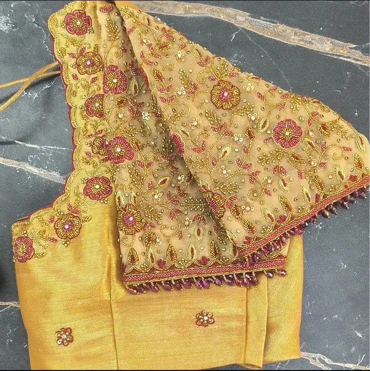 STUNNING Maggam Work Blouse Golden Yellow Tissue mid Affordable Bridal Designer Style