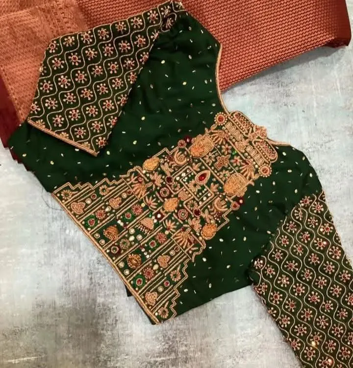 Traditional Bottle Green Gopuram Pattern Maggam Work Bridal Blouse Custom Fit