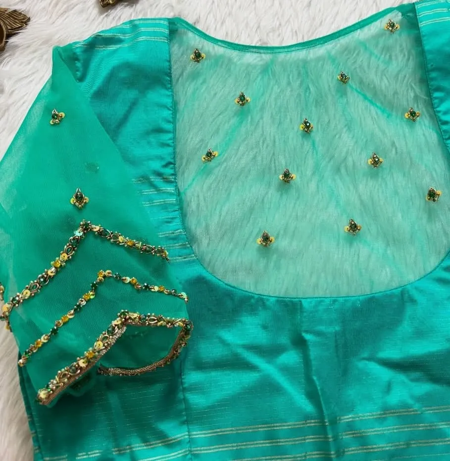 Turquoise Green Net Maggam Aari Work Blouse Online  Custom Designer Party Wear Collection
