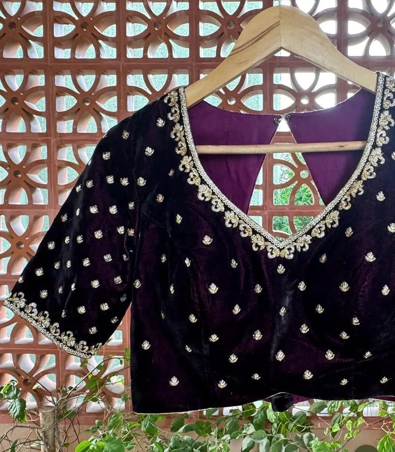 Wine Colour Velvet V Neck Maggam Work Blouse  Ready made Designer Blouse