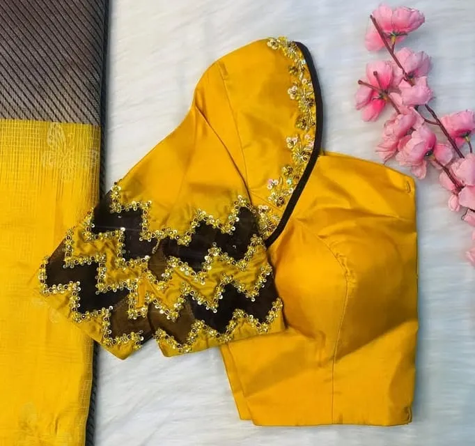Yellow Net Designer Maggam Work Blouse Shop Now