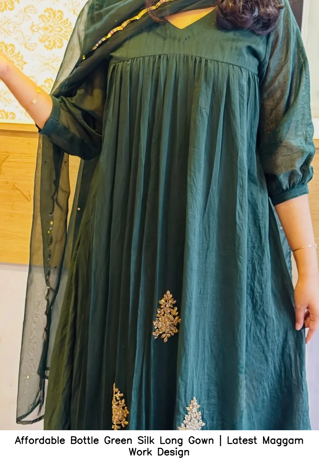 Affordable Bottle Green Silk Long Gown | Latest Maggam Work Design