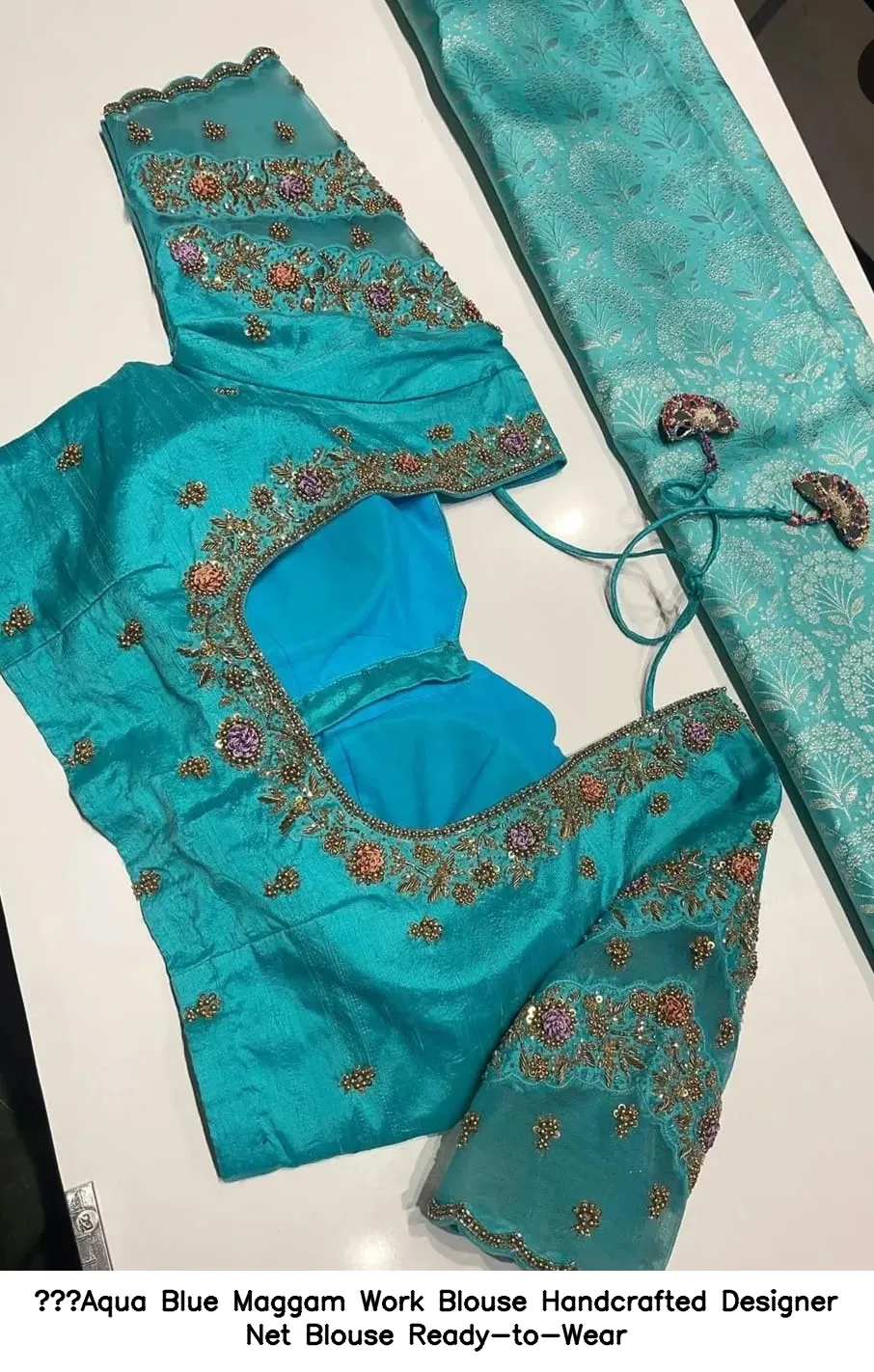 Aqua Blue Maggam Work Blouse  Handcrafted Designer Net Blouse  Ready-to-Wear