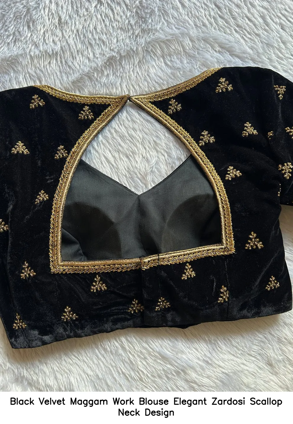 Black Velvet Maggam Work Blouse – Elegant Zardosi Scallop Neck Design