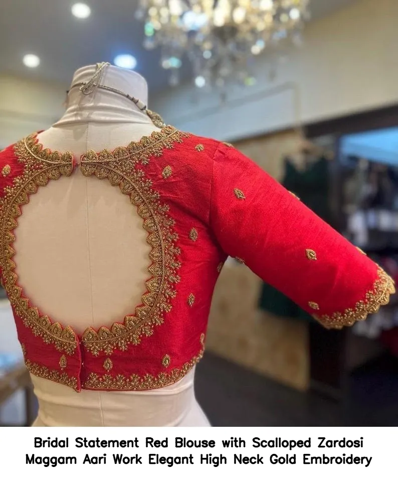 Bridal Statement Red Blouse with Scalloped Zardosi Maggam Aari Work – Elegant High Neck Gold Embroidery