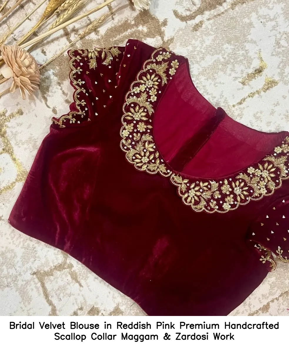 Bridal Velvet Blouse in Reddish Pink – Premium Handcrafted Scallop Collar Maggam & Zardosi Work