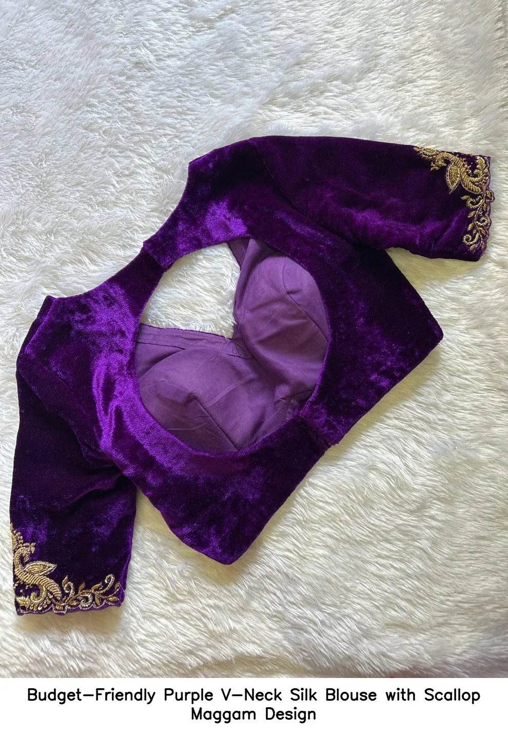 Budget-Friendly Purple V-Neck Silk Blouse with Scallop Maggam Design
