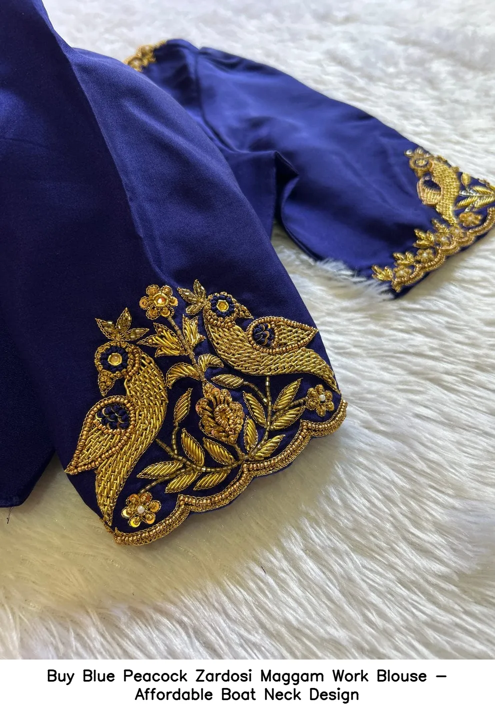 Buy Blue Peacock Zardosi Maggam Work Blouse - Affordable Boat Neck Design