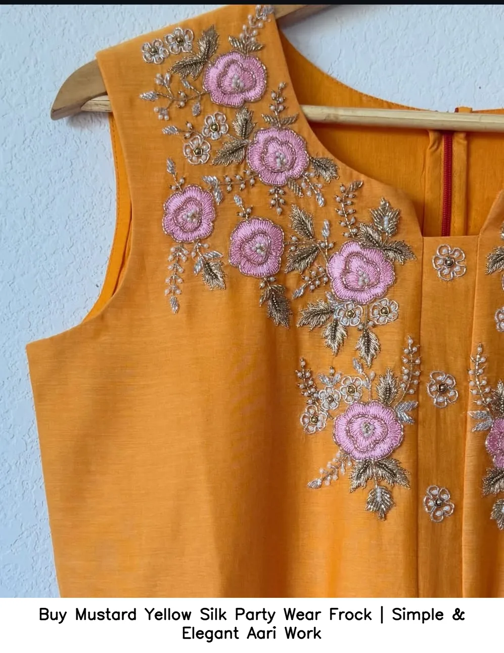 Buy Mustard Yellow Silk Party Wear Frock | Simple & Elegant Aari Work