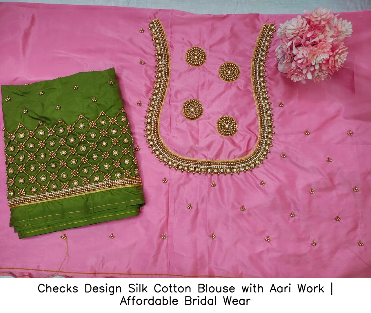 Checks Design Silk Cotton Blouse with Aari Work | Affordable Bridal Wear